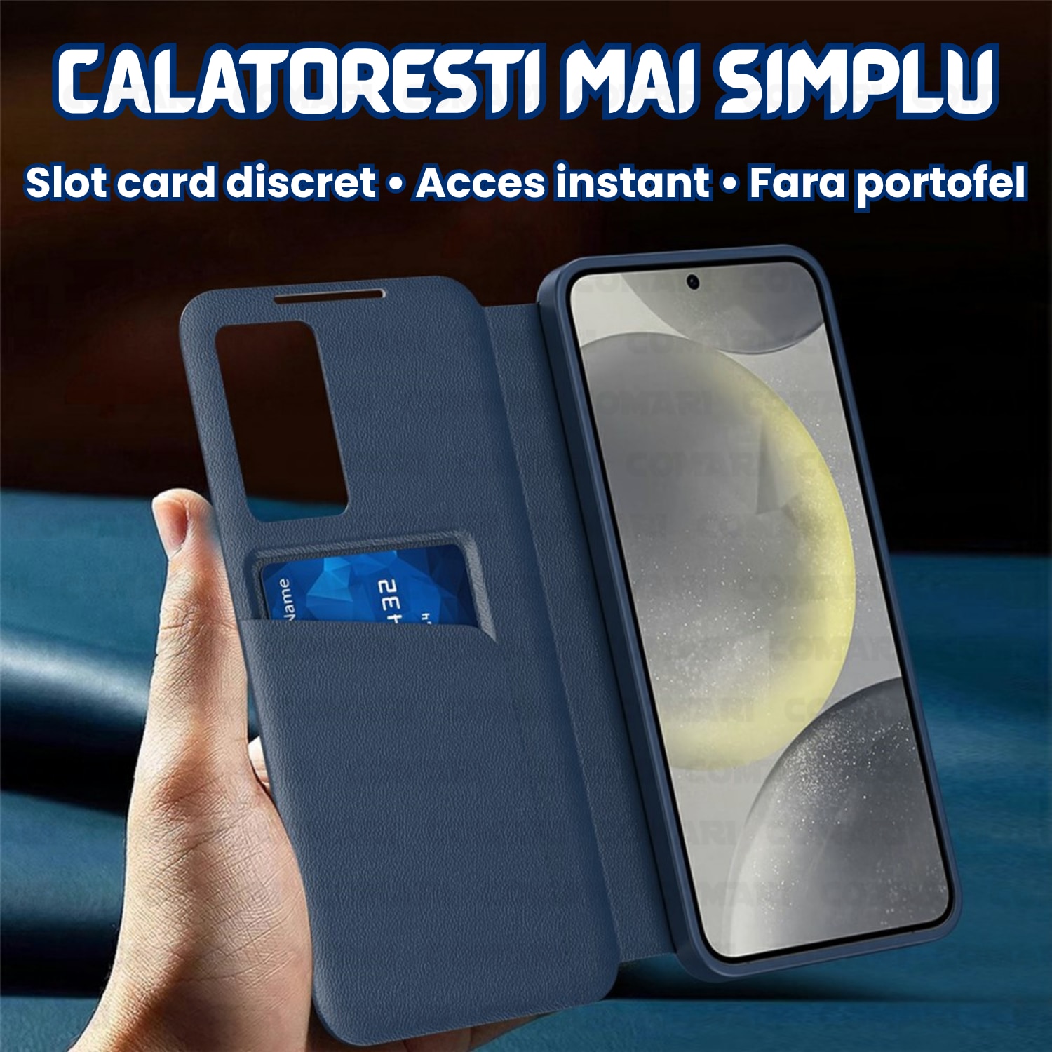 Husa flip pentru Samsung Galaxy S26 Ultra Comari® VisionCover, fereastra smart view, protectie 360°, piele ecologica premium, Albastru