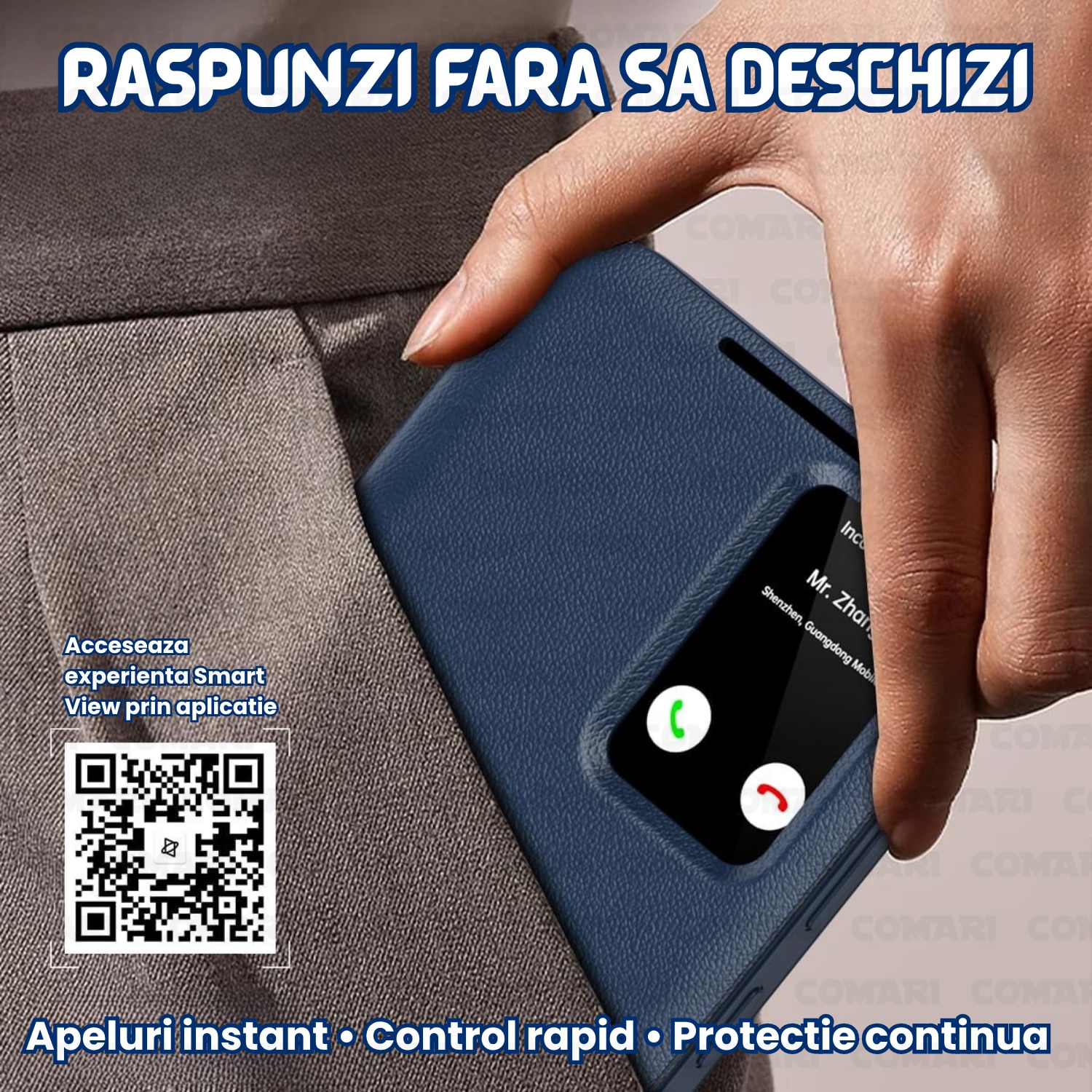 Husa flip pentru Samsung Galaxy S26 Ultra Comari® VisionCover, fereastra smart view, protectie 360°, piele ecologica premium, Albastru