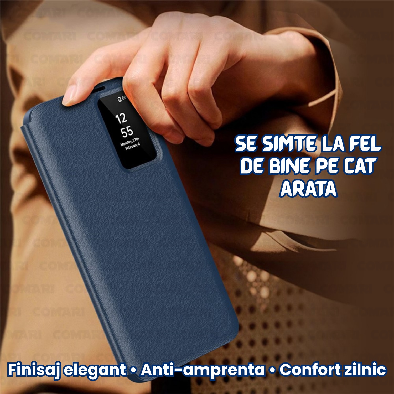 Husa flip pentru Samsung Galaxy S26 Ultra Comari® VisionCover, fereastra smart view, protectie 360°, piele ecologica premium, Albastru