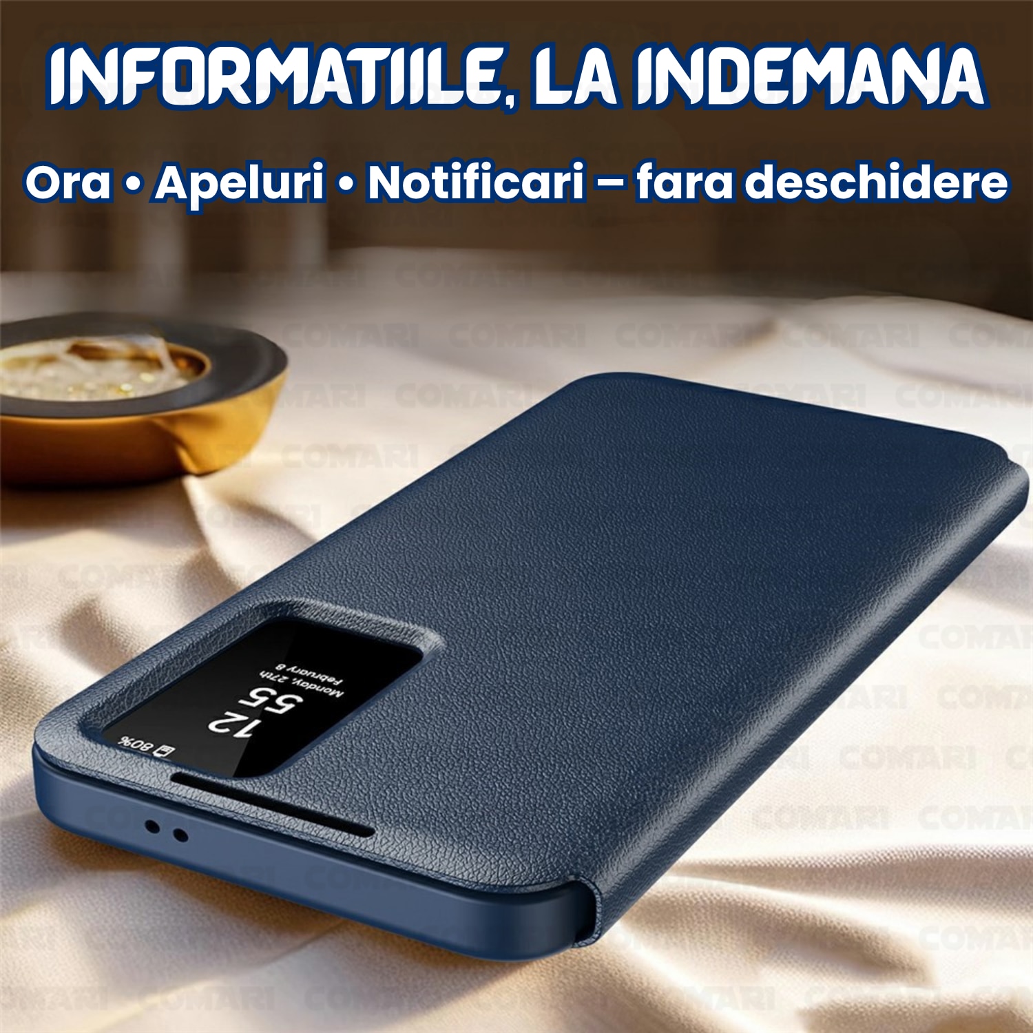 Husa flip pentru Samsung Galaxy S26 Ultra Comari® VisionCover, fereastra smart view, protectie 360°, piele ecologica premium, Albastru