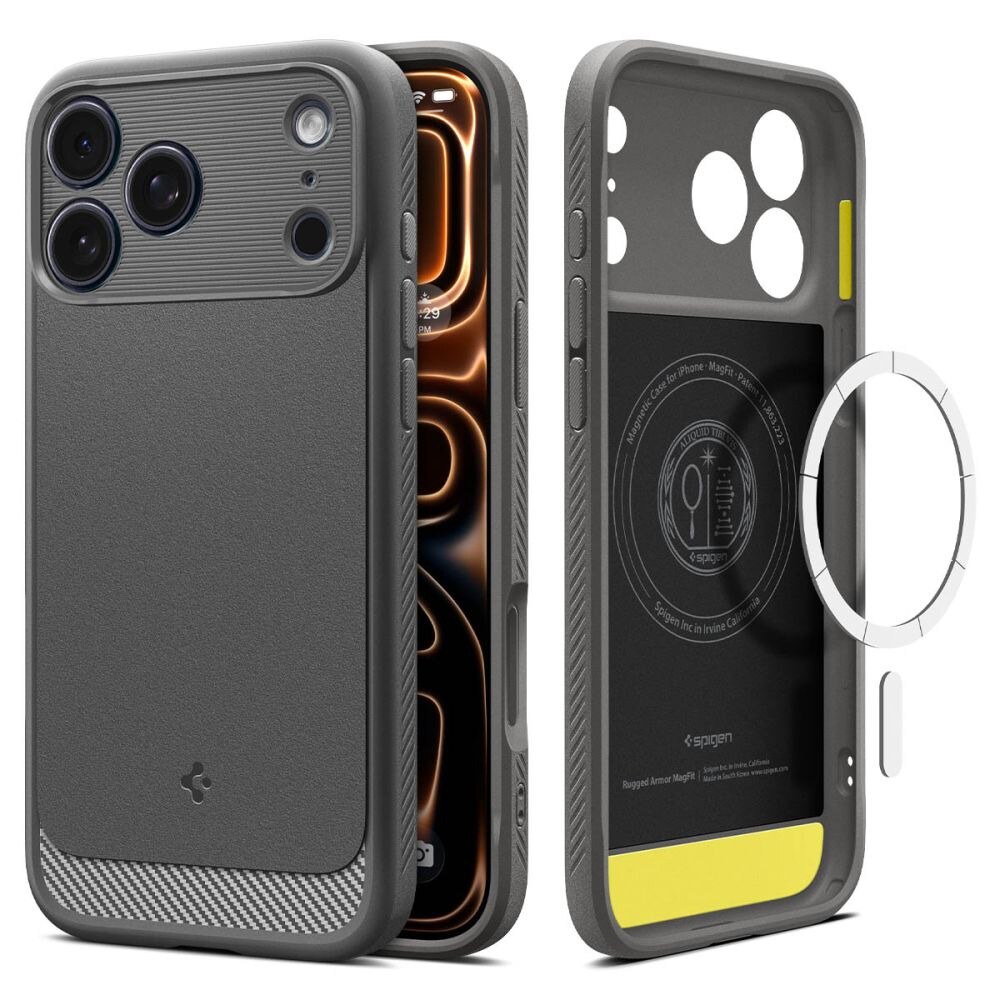Husa pentru Apple iPhone 17 Pro Spigen Rugged Armor MagSafe, Protectie camera, Incarcare wireless, Gri
