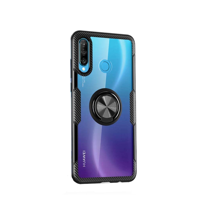 Husa de protectie pentru Huawei P30 Lite, Hybrid Antisoc, Kickstand, Bumper inel rotativ 360, Negru