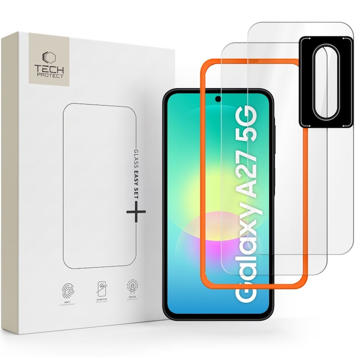 Set protectie 3in1 Tech-Protect Easy Set Plus, 2 folii sticla ecran + 1 folie sticla camera foto, compatibil cu Samsung Galaxy A27 5G, Transparent