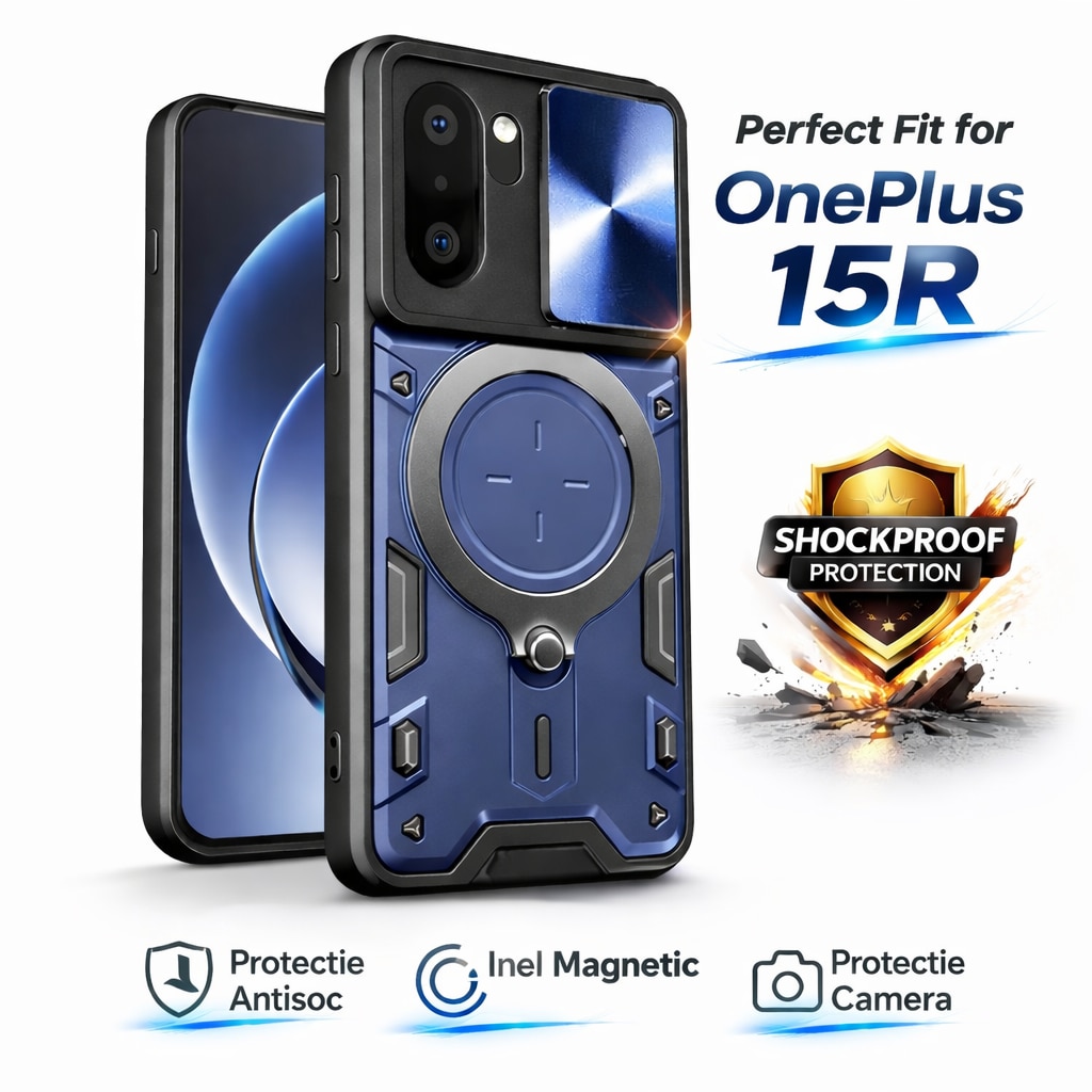 Husa pentru OnePlus 15R, SKYDDAR INNOVATION, CamGuard Pro, Inel Magnetic, Protectie Camera, set cu sticker, Albastru