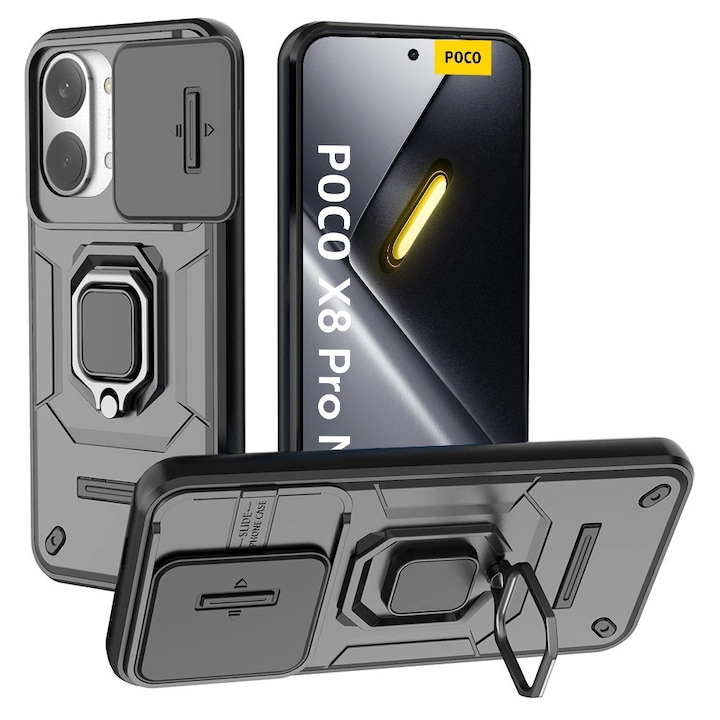 Husa telefon Erbord Xiaomi Poco X8 Pro Max, negru, cu protectie camera si suport integrat