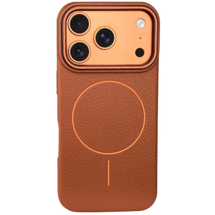 Husa iPhone 17 Pro Max, Silicon Texturat cu Protectie Interioara din Piele si MagSafe, Orange-Brown