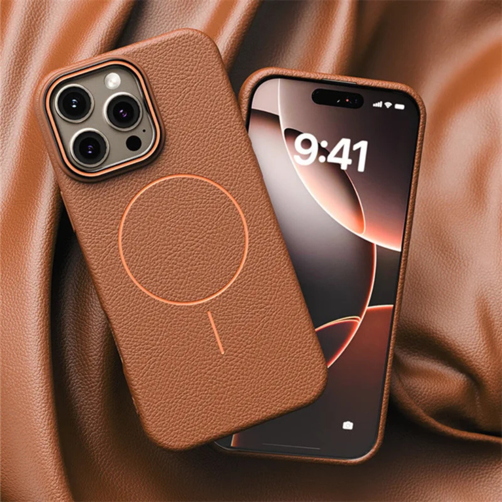Husa iPhone 17 Pro Max, Silicon Texturat cu Protectie Interioara din Piele si MagSafe, Orange-Brown