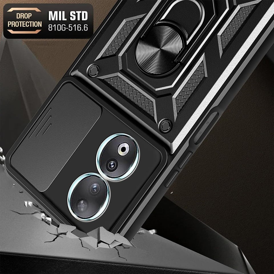 Husa pentru Honor 90, SKYDDAR INNOVATION, CamShield, Inel magnetic, set cu sticker, Negru