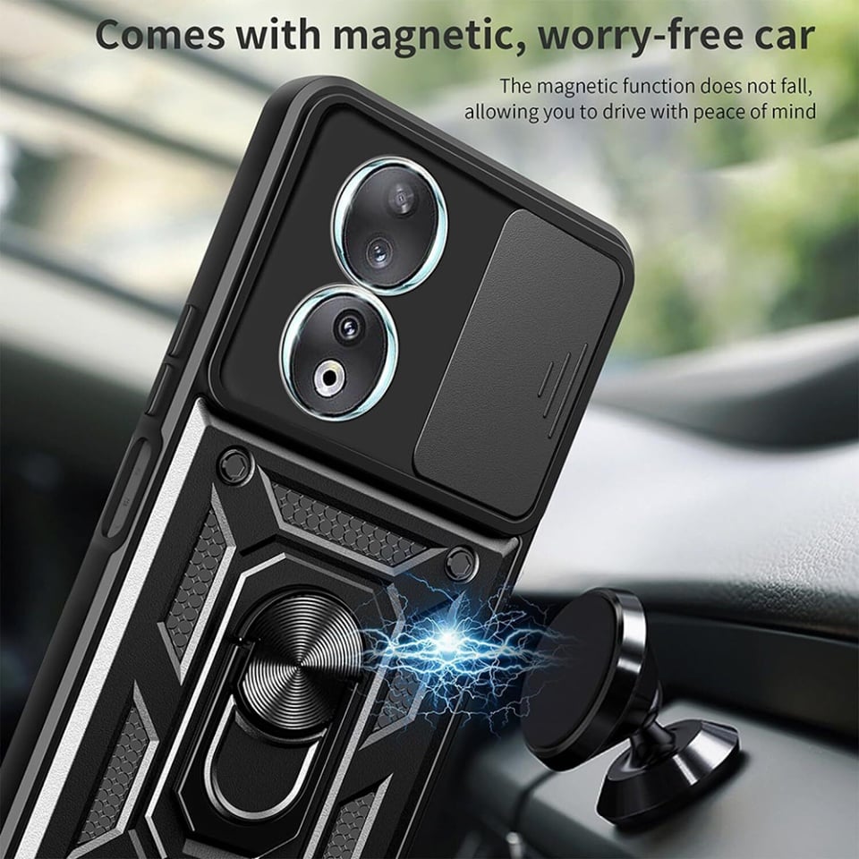Husa pentru Honor 90, SKYDDAR INNOVATION, CamShield, Inel magnetic, set cu sticker, Negru