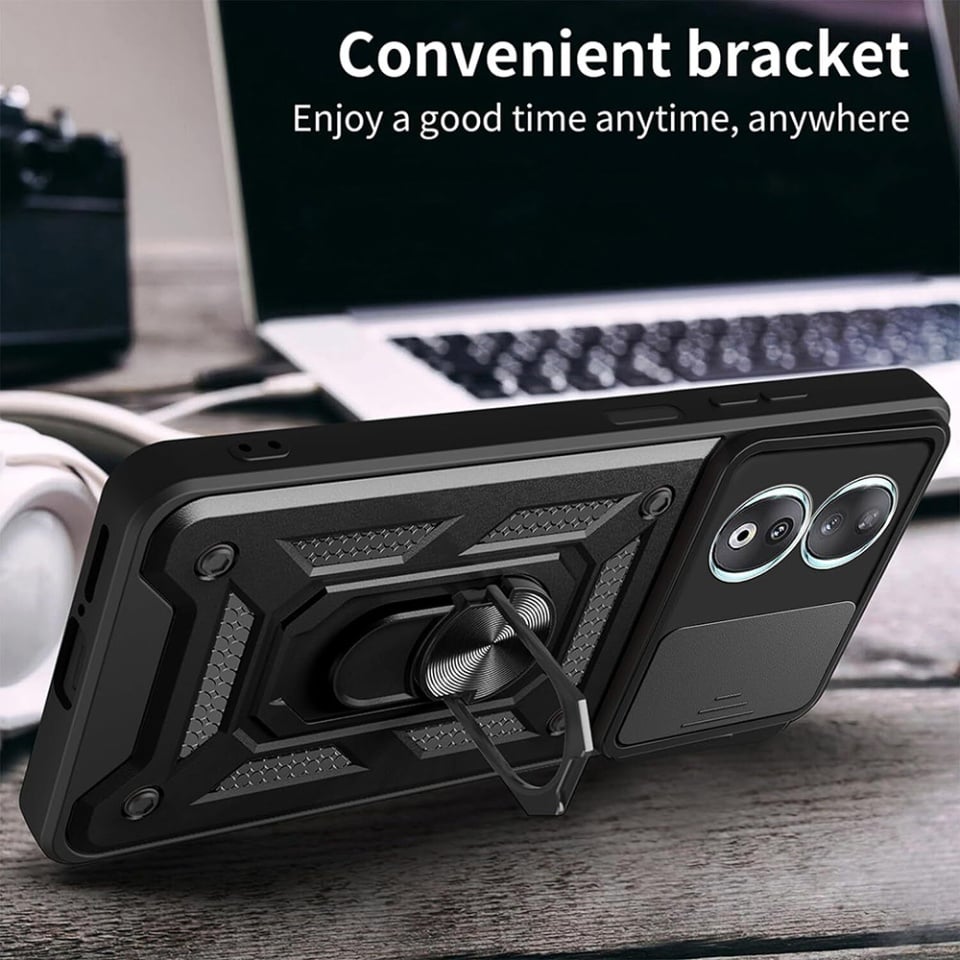 Husa pentru Honor 90, SKYDDAR INNOVATION, CamShield, Inel magnetic, set cu sticker, Negru