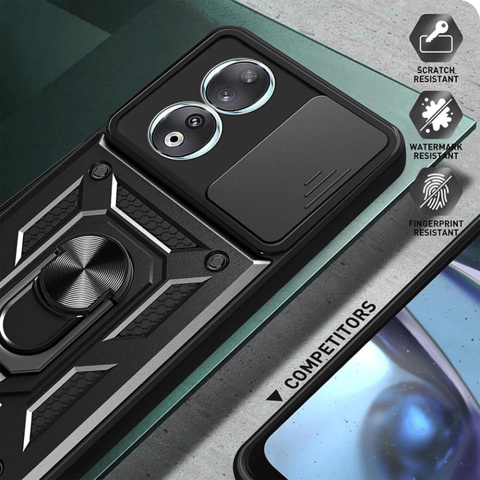 Husa pentru Honor 90, SKYDDAR INNOVATION, CamShield, Inel magnetic, set cu sticker, Negru