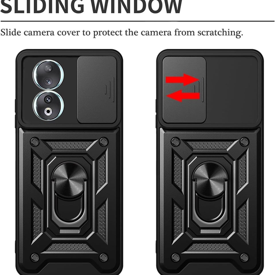 Husa pentru Honor 90, SKYDDAR INNOVATION, CamShield, Inel magnetic, set cu sticker, Negru