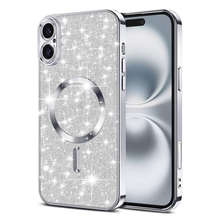 Husa cu sclipici pentru iPhone 16 Plus, Luxury Glitter MagSafe, Silver