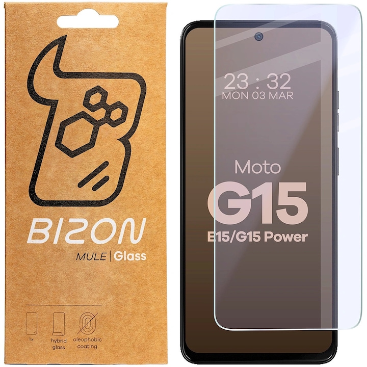 Sticla hibrida Bizon Mule pentru Motorola Moto G15 / G15 Power / E15, 9H, 0,43mm, transparent, set aplicare