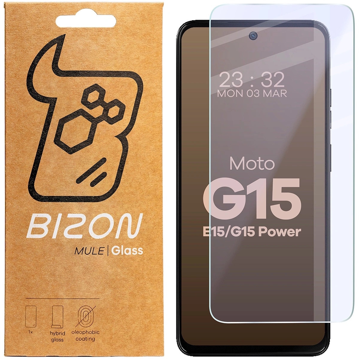 Sticla hibrida Bizon Mule pentru Motorola Moto G15 / G15 Power / E15, 9H, 0,43mm, transparent, set aplicare