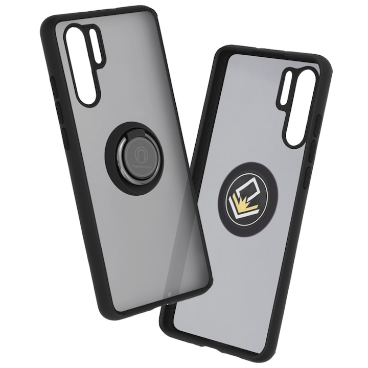 Husa pentru Huawei P30 Pro / P30 Pro New Edition, SKYDDAR INNOVATION, Glinth cu Inel Rotativ 360° Magnetic, Negru, set cu sticker