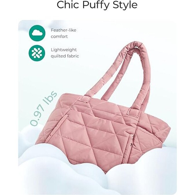 Geanta tote matlasata din material textil, stil puffer, compartimente multiple, compatibila cu laptop 15,6 inchi, roz, 40 x 33 x 15 cm