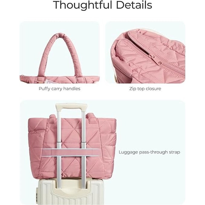 Geanta tote matlasata din material textil, stil puffer, compartimente multiple, compatibila cu laptop 15,6 inchi, roz, 40 x 33 x 15 cm