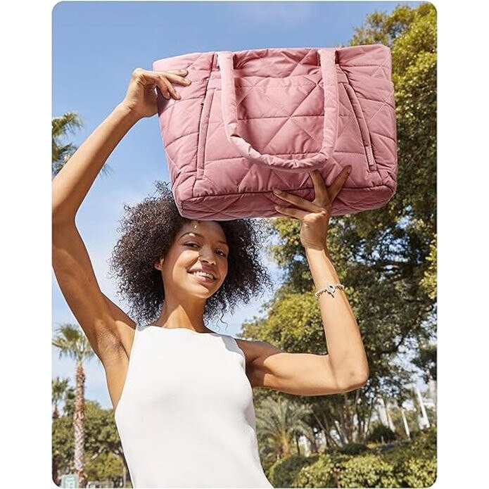 Geanta tote matlasata din material textil, stil puffer, compartimente multiple, compatibila cu laptop 15,6 inchi, roz, 40 x 33 x 15 cm