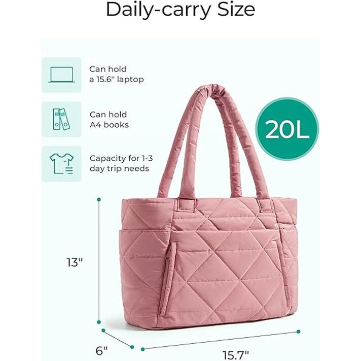 Geanta tote matlasata din material textil, stil puffer, compartimente multiple, compatibila cu laptop 15,6 inchi, roz, 40 x 33 x 15 cm