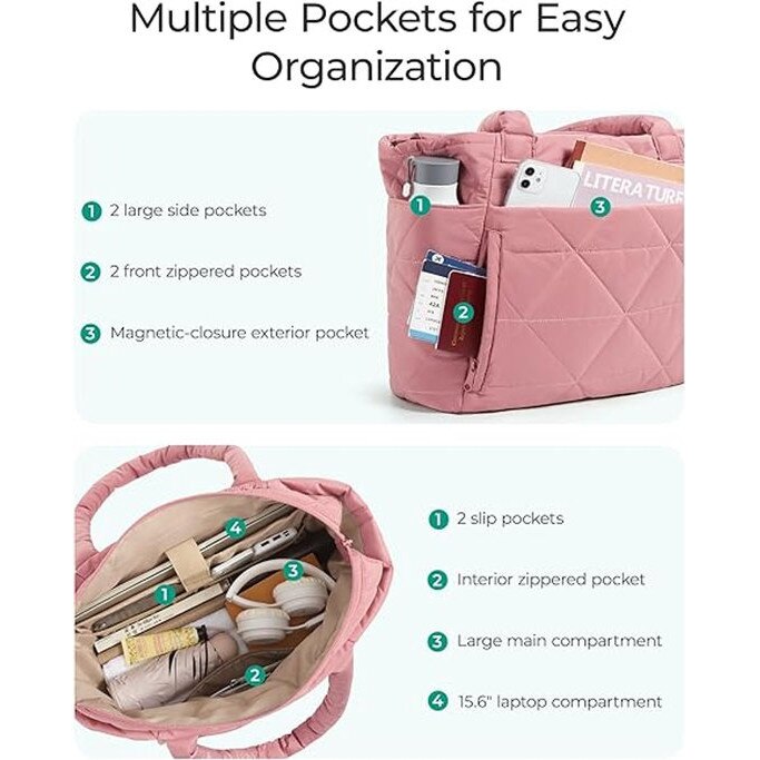 Geanta tote matlasata din material textil, stil puffer, compartimente multiple, compatibila cu laptop 15,6 inchi, roz, 40 x 33 x 15 cm