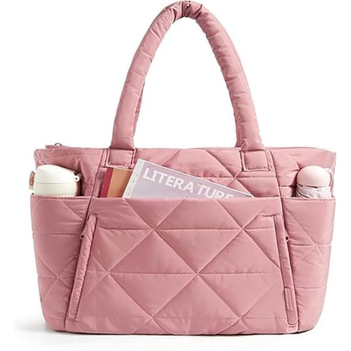 Geanta tote matlasata din material textil, stil puffer, compartimente multiple, compatibila cu laptop 15,6 inchi, roz, 40 x 33 x 15 cm