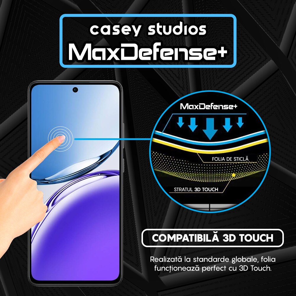 Folie Sticla CASEY STUDIOS™ compatibila cu Oppo Reno12, MaxDefense+, Anti Zgarieturi, Full Glue, Full Cover 3D, Protectie Ecran 3D, Duritate Ridicata, Margini Negre