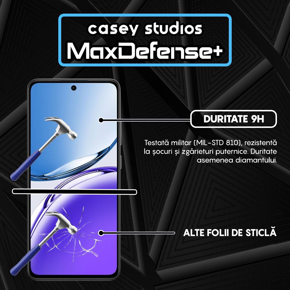 Folie Sticla CASEY STUDIOS™ compatibila cu Oppo Reno12, MaxDefense+, Anti Zgarieturi, Full Glue, Full Cover 3D, Protectie Ecran 3D, Duritate Ridicata, Margini Negre