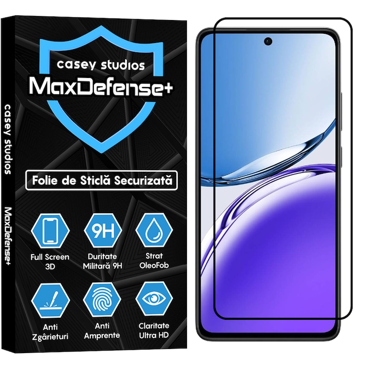 Folie Sticla CASEY STUDIOS™ compatibila cu Oppo Reno12, MaxDefense+, Anti Zgarieturi, Full Glue, Full Cover 3D, Protectie Ecran 3D, Duritate Ridicata, Margini Negre