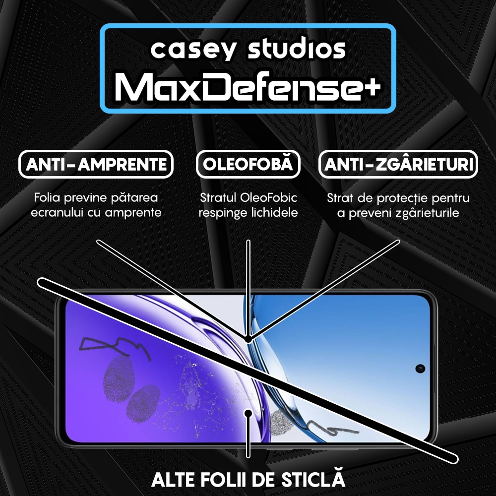 Folie Sticla CASEY STUDIOS™ compatibila cu Oppo Reno12, MaxDefense+, Anti Zgarieturi, Full Glue, Full Cover 3D, Protectie Ecran 3D, Duritate Ridicata, Margini Negre