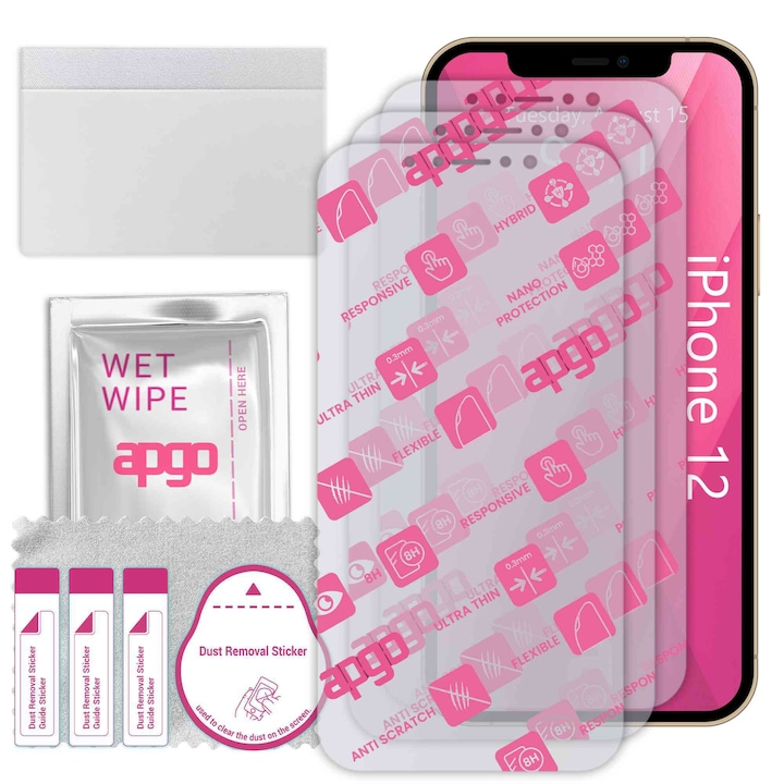 3x apgo Ultra-Clear Hybrid sticla protectoare compatibila cu Apple iPhone 12, sticla nano flexibila, inlocuire excelenta pentru sticla temperata, rezistenta la zgarieturi
