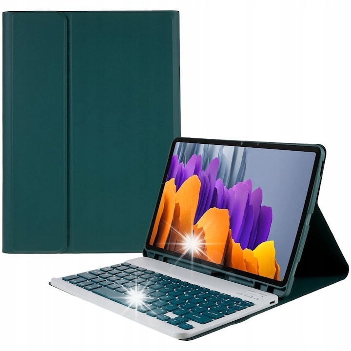 Etui Keyboard Cover pentru Samsung Galaxy Tab S7/S8, verde inchis, cu tastatura Bluetooth, suport pentru stylus