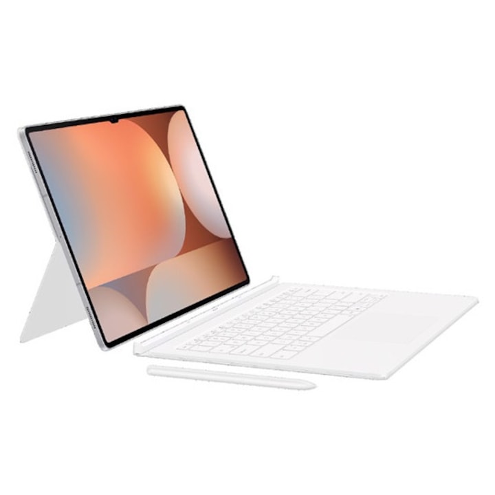 Husă de protecție Samsung pentru tabletă, stand, aspect piele, flip, tastatură bluetooth, QWERTY, limbă engleză, alb, compatibilă cu: Samsung Galaxy Tab S8 Ultra LTE, SM-X906, / Galaxy Tab S8 Ultra WIFI, SM-X900, / Galaxy Tab S9 Ultra LTE, SM-X916