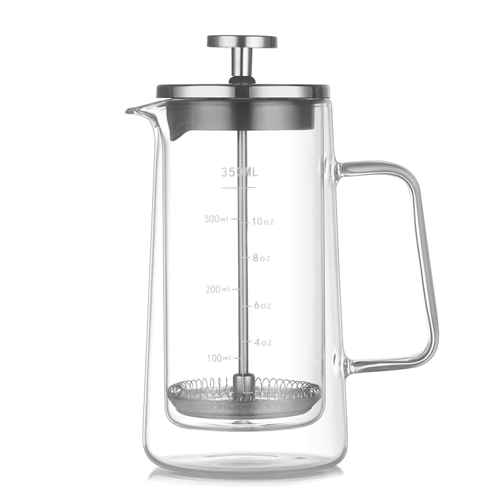 Presa franceza pentru cafea VITERRA.4-25CDCJ-K0232-260828-4015, sticla borosilicata rezistenta la temperatura si piese din otel inoxidabil 304, transparent, 350 ml