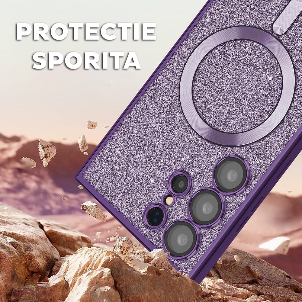 Husa pentru Samsung Galaxy S25 Ultra DaDen®, Luxury Glitter, Antisoc, MagSafe, Protectie camere, Transparenta cu Mov inchis