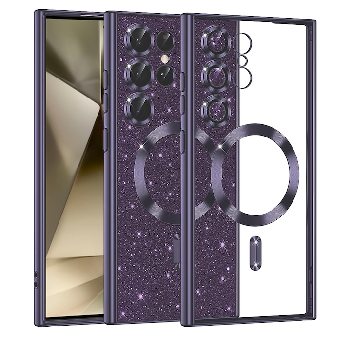 Husa pentru Samsung Galaxy S25 Ultra DaDen®, Luxury Glitter, Antisoc, MagSafe, Protectie camere, Transparenta cu Mov inchis