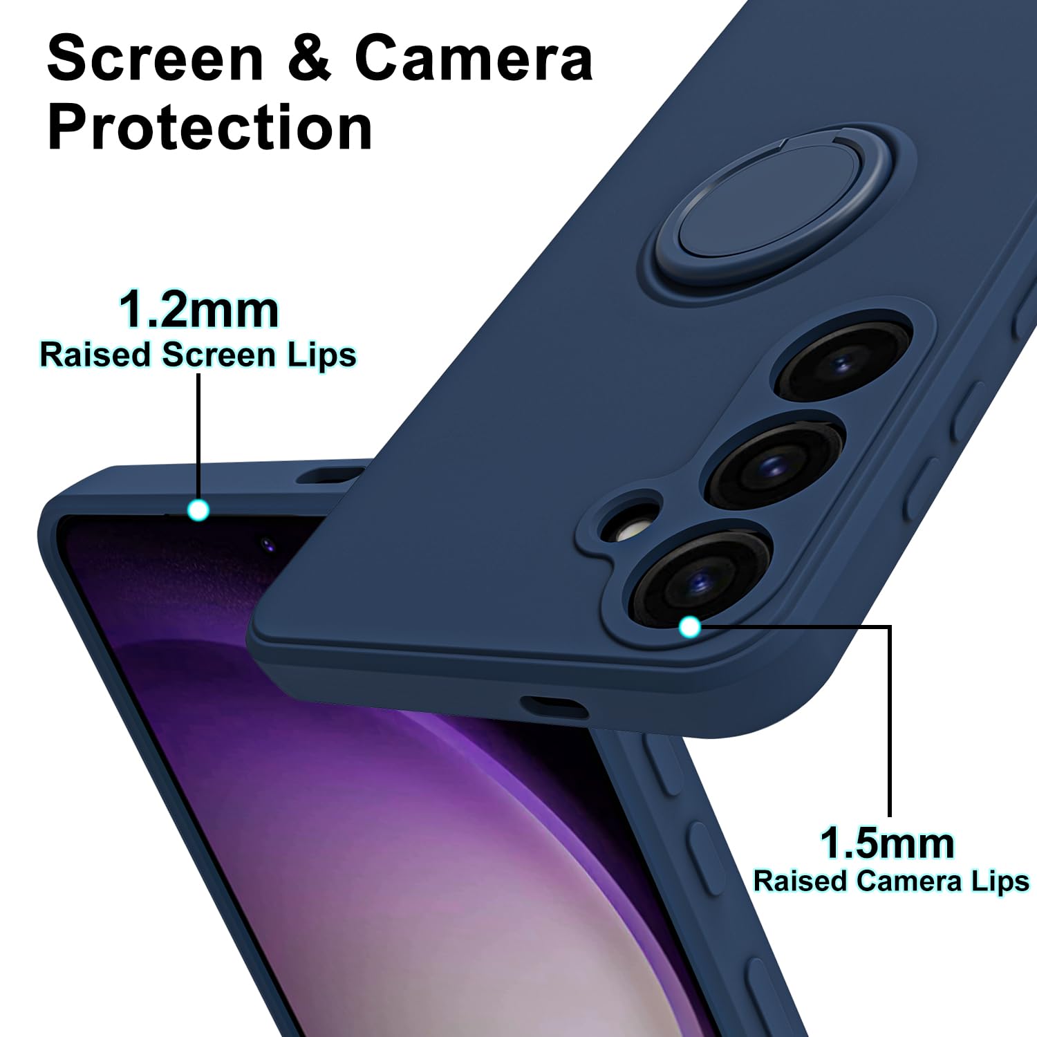 Husa telefon, pentru Samsung Galaxy A55 5G Silicon lichid Margini flexibile Anti-zgarieturi si inel circular rezistent la socuri， Albastru inchis