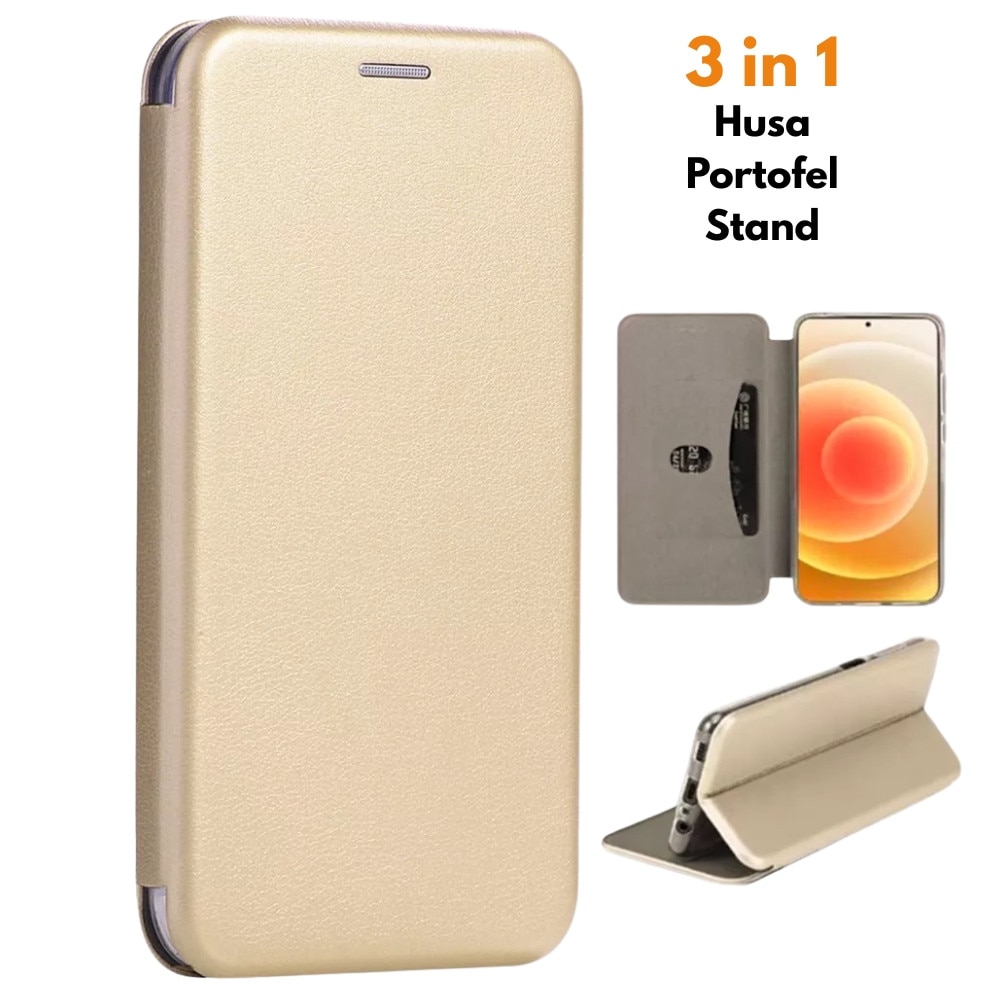 Husa pentru Xiaomi Redmi A5 4G, FlipOn, Piele ecologica, Buzunar card, Functie stand, Acoperire completa, Decupaj difuzor apeluri, Protectie 360 de grade, Tip carte, Auriu