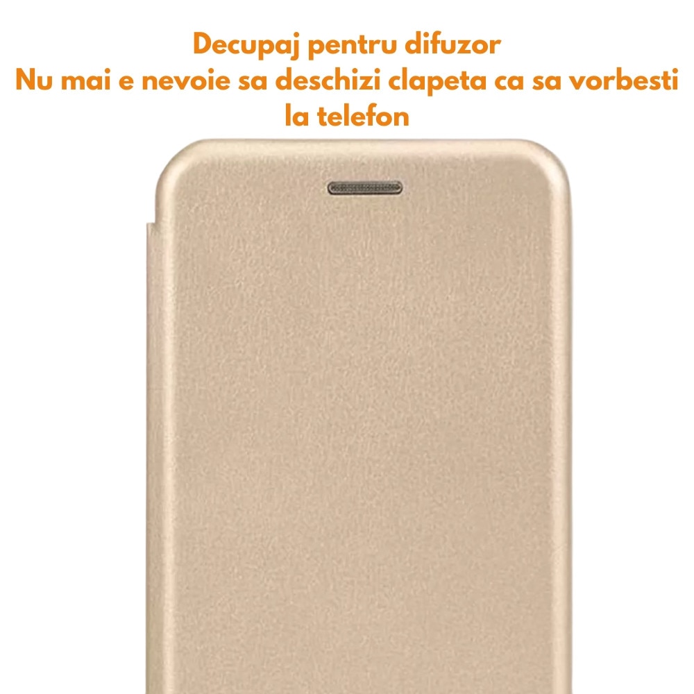 Husa pentru Xiaomi Redmi A5 4G, FlipOn, Piele ecologica, Buzunar card, Functie stand, Acoperire completa, Decupaj difuzor apeluri, Protectie 360 de grade, Tip carte, Auriu
