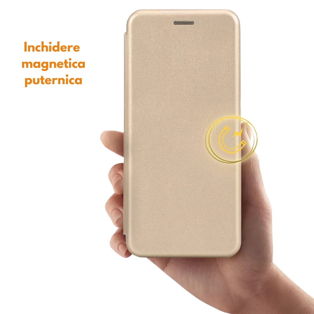 Husa pentru Xiaomi Redmi A5 4G, FlipOn, Piele ecologica, Buzunar card, Functie stand, Acoperire completa, Decupaj difuzor apeluri, Protectie 360 de grade, Tip carte, Auriu