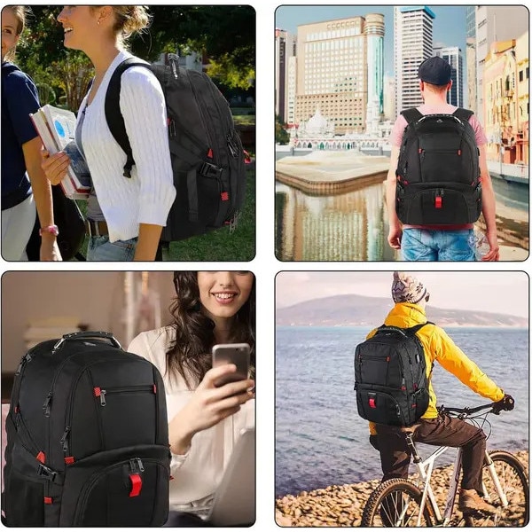 Rucsac laptop din poliester cu multiple compartimente, port USB extern si maner superior, rezistent la apa, negru/rosu, pentru laptop pana la 18 inch