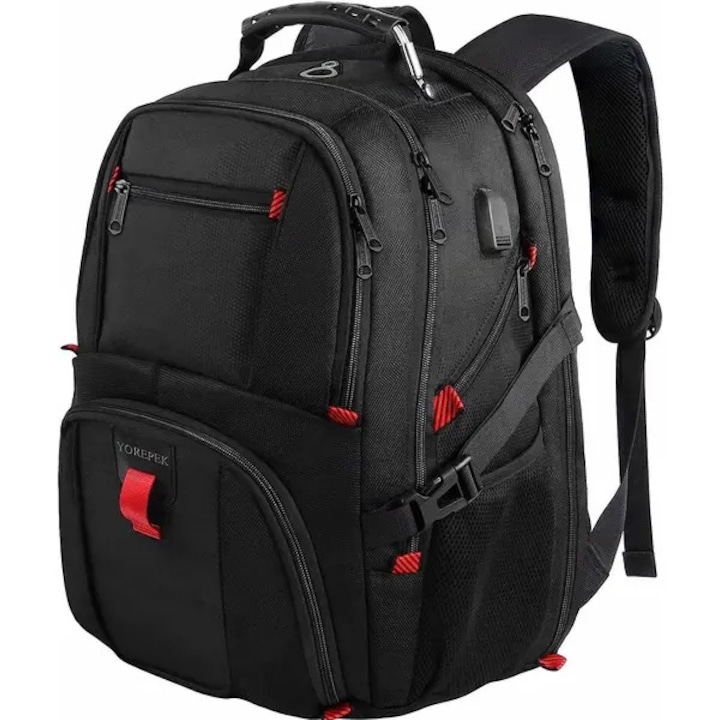 Rucsac laptop din poliester cu multiple compartimente, port USB extern si maner superior, rezistent la apa, negru/rosu, pentru laptop pana la 18 inch