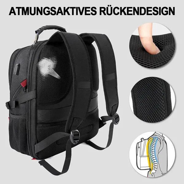 Rucsac laptop din poliester cu multiple compartimente, port USB extern si maner superior, rezistent la apa, negru/rosu, pentru laptop pana la 18 inch