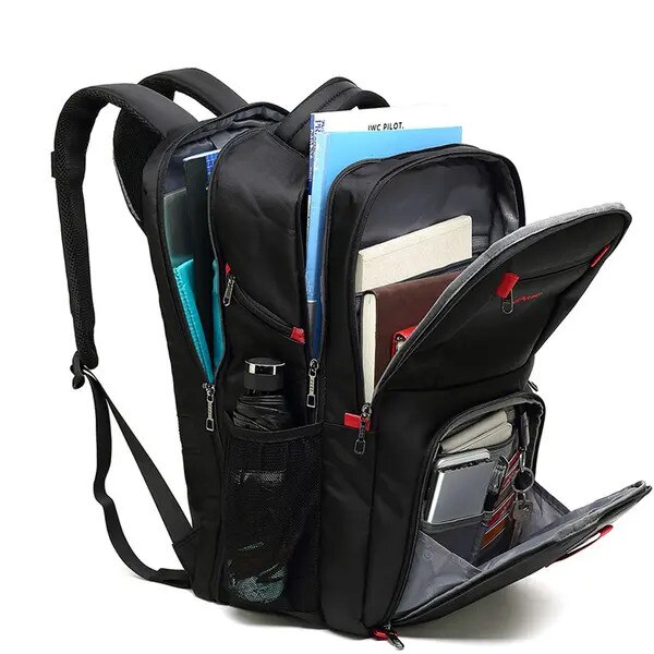 Rucsac laptop din poliester cu multiple compartimente, port USB extern si maner superior, rezistent la apa, negru/rosu, pentru laptop pana la 18 inch