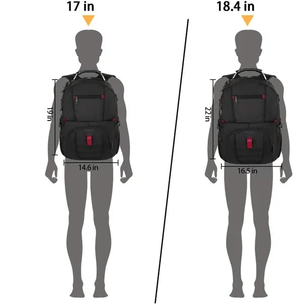 Rucsac laptop din poliester cu multiple compartimente, port USB extern si maner superior, rezistent la apa, negru/rosu, pentru laptop pana la 18 inch