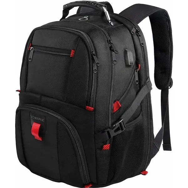 Rucsac laptop din poliester cu multiple compartimente, port USB extern si maner superior, rezistent la apa, negru/rosu, pentru laptop pana la 18 inch