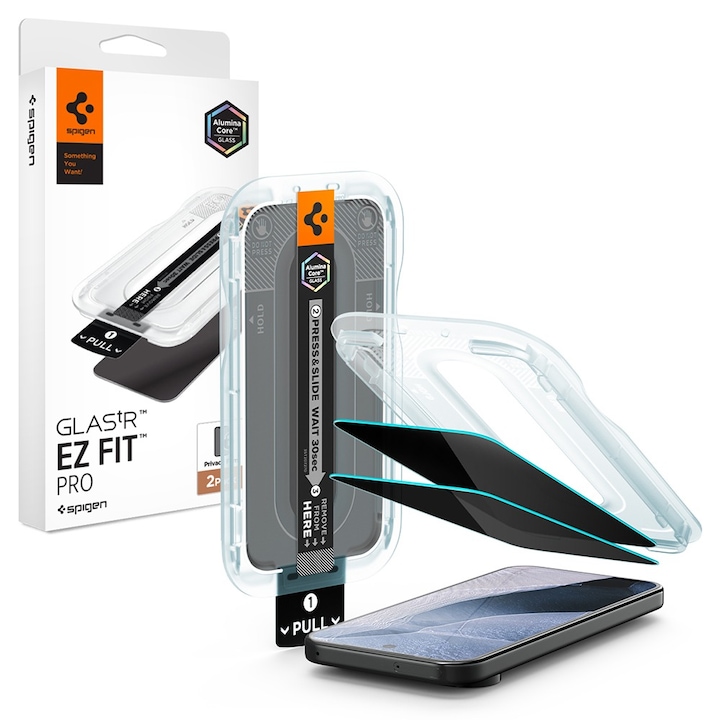 Set 2xFolie Sticla Privacy pentru Google Pixel 11 / Pixel 10 Spigen Glas.tR EZ-FIT Pro, Kit de instalare usoara si rapida cu dispozitiv de potrivire automata, Protectie Profesionala, Ultra Rezistenta