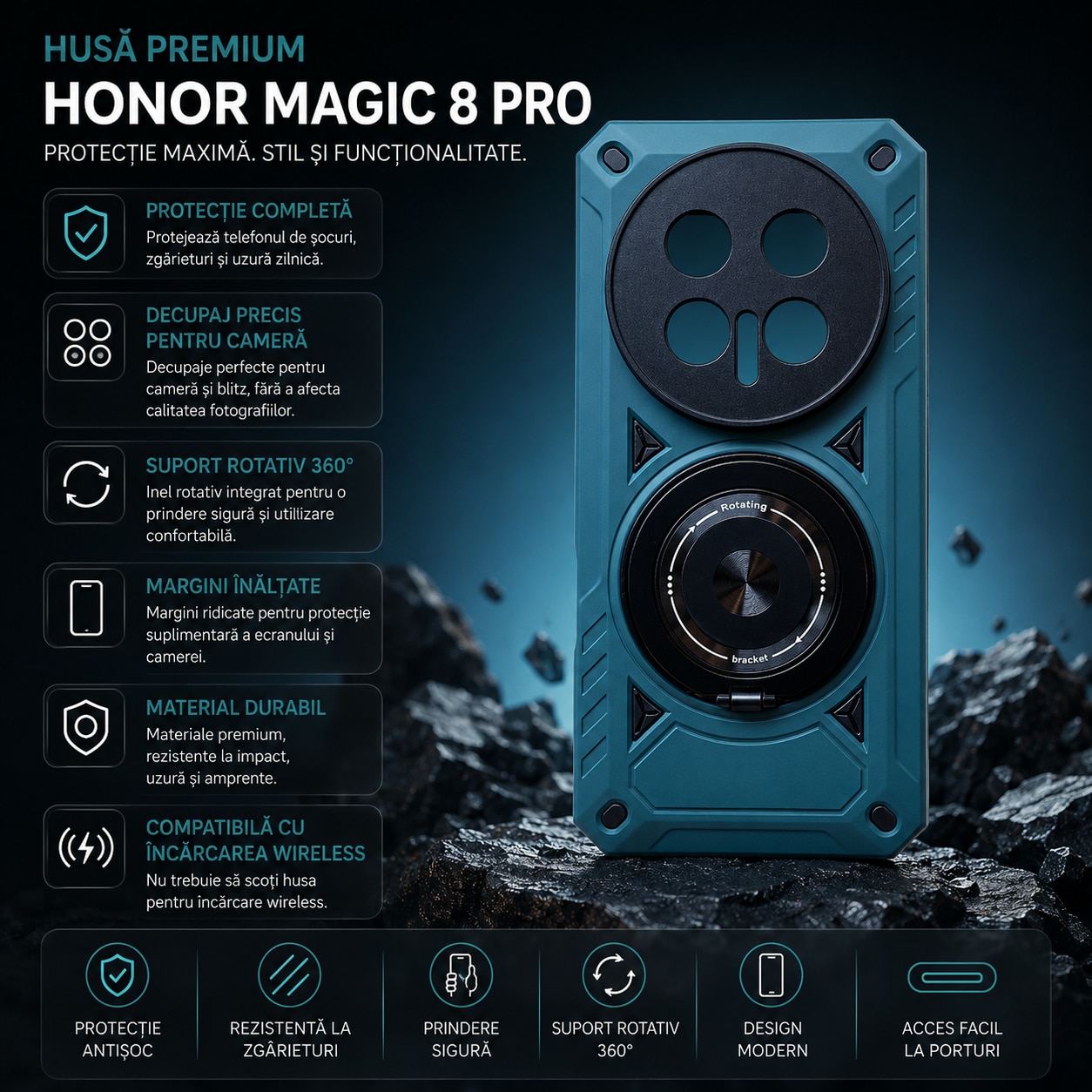 Husa Antisoc cu inel magnetic si rotativ compatibila cu Honor Magic 8 Pro, Verde inchis