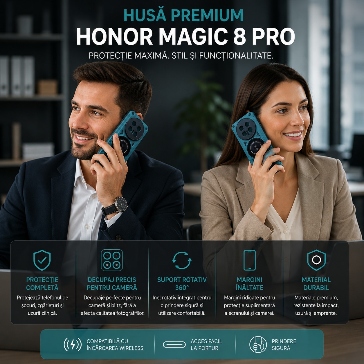Husa Antisoc cu inel magnetic si rotativ compatibila cu Honor Magic 8 Pro, Verde inchis