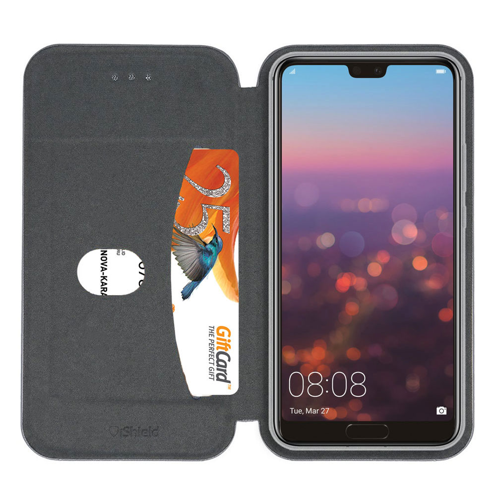 Husa flip Huawei P20 - carte cu magnet integrat, buzunar interior, piele eco, iShiled - Aurie